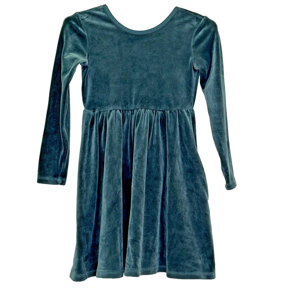 Hanna Andersson Girls Dress Size 120cm US 6-7 Green Velour Long Sleeve Pockets